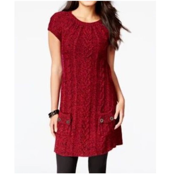 Style & Co Cable Knit Sweater Dress Tunic Red Black Short Sleeve NWT Size PM - Picture 1 of 10